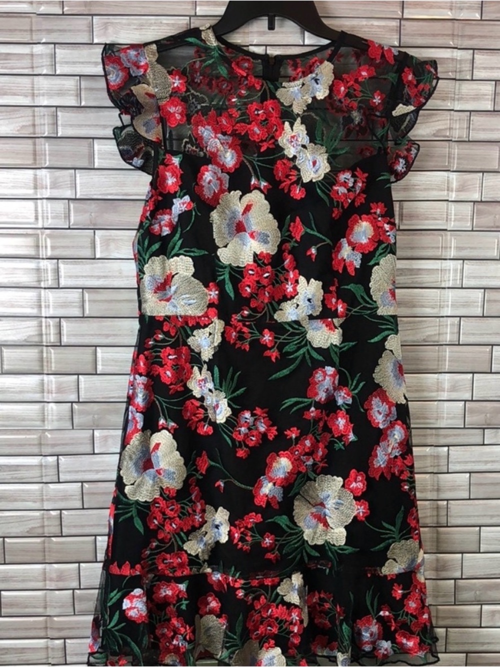 Donna Morgan Black Dress with Red and Cream Floral Embroidery